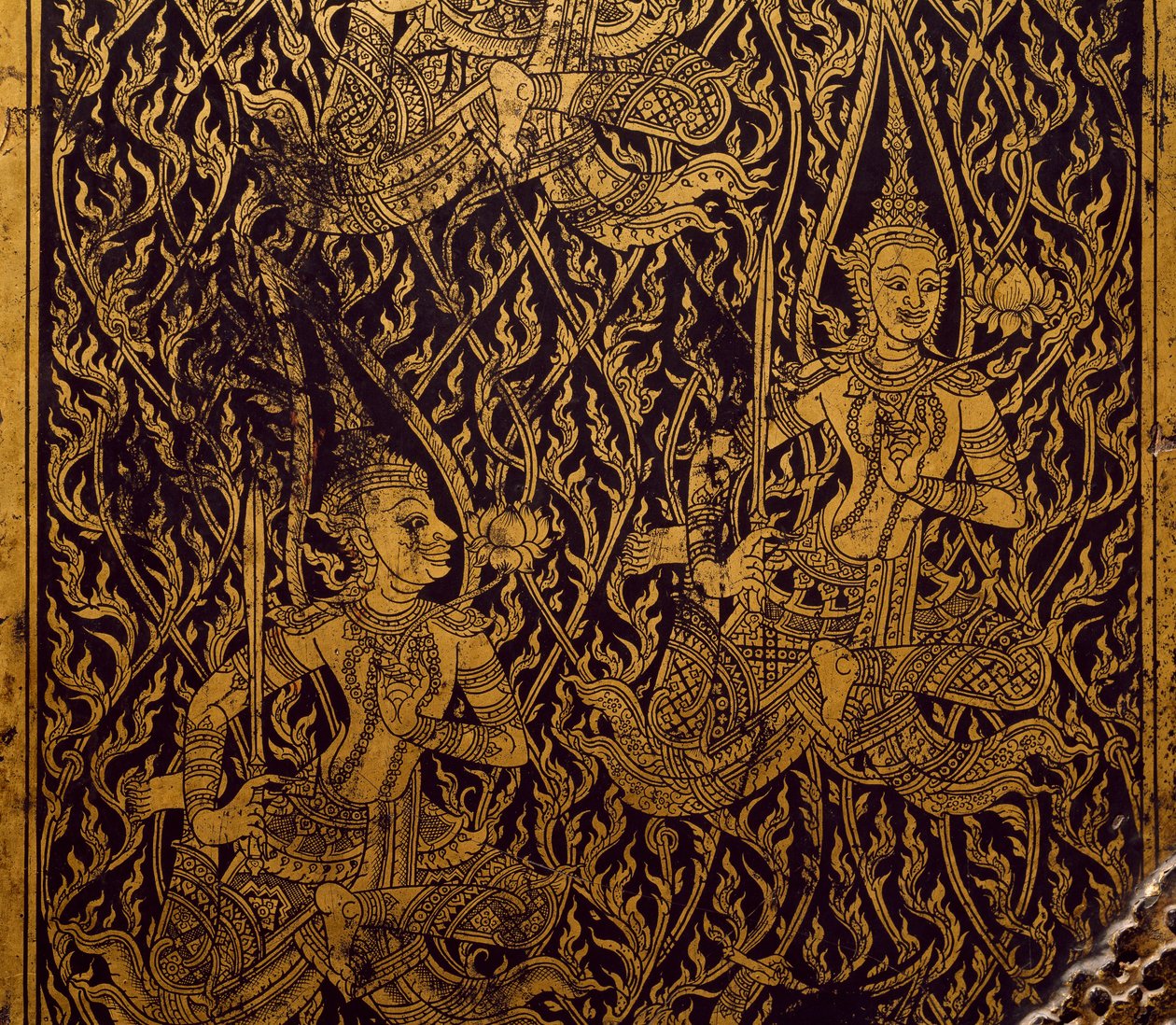 Garderobeskap for sutra, utskåret og lakkert tre, fra Bangkok, Thailand, Detail, Thai Civilization, tidlig på 1800-tallet av Thai School