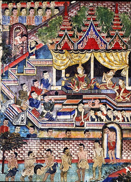 Wiharn Laikarn, episode fra Jataka Sang Thong (fresco) av Thai School