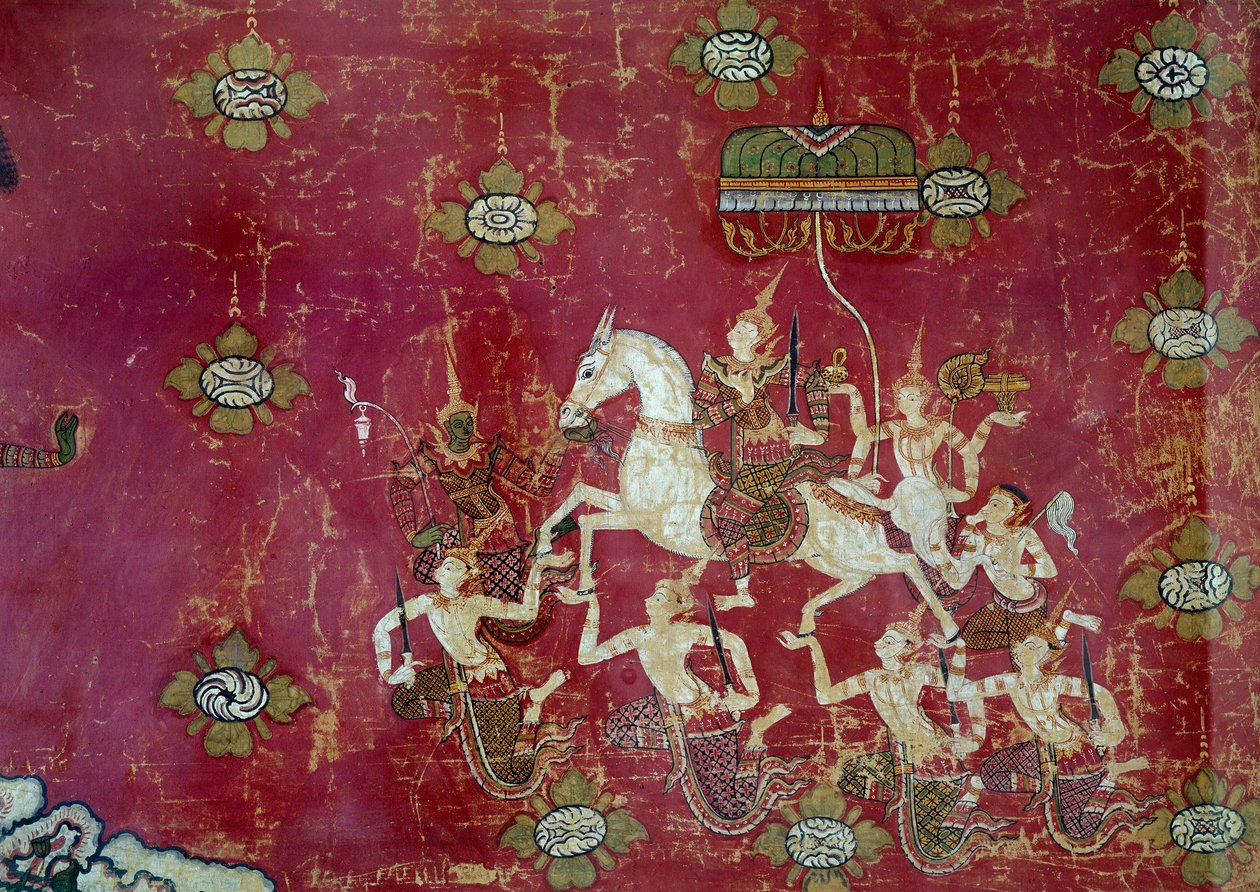 Buddhisme: "" scene av Buddhas liv: The Grand Depart"" Detalj av et maleri på lerret fra Thailand. Søn 1,4x0,9 m Paris, Musee Guimet, Musee national des Arts Asian av Thai Thai