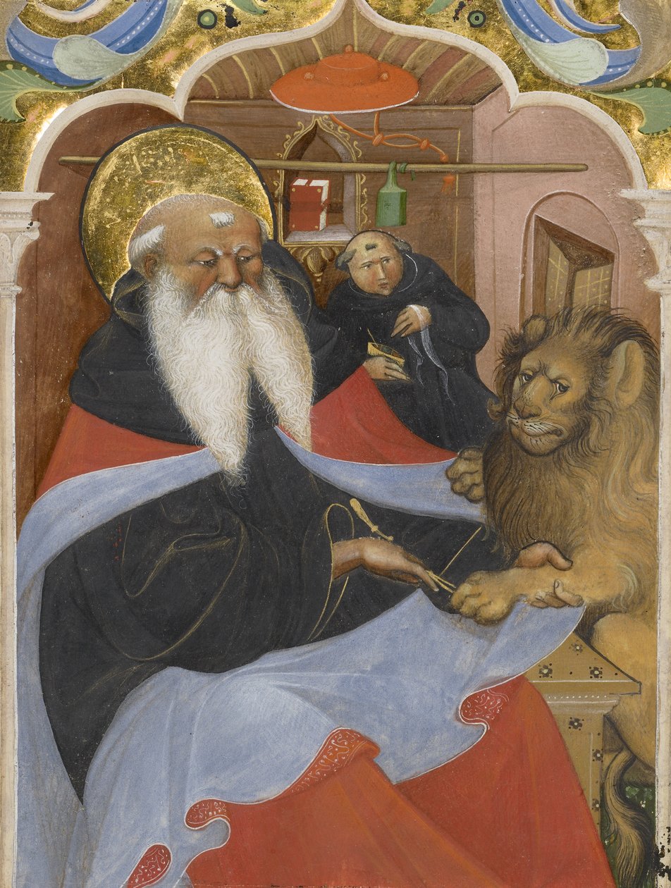 Sankt Hieronymus trekker ut en torn fra en løvepote Ms 106, 1425-50 (tempera og bladgull på pergament) av The Master of the Murano Gradual