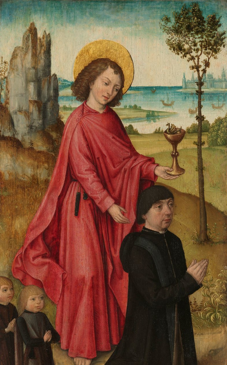 En giver og hans to sønner med evangelisten Johannes, indre venstre fløy av en triptyk av The (Bruges) Master of the Legend of Saint Ursula (workshop of)