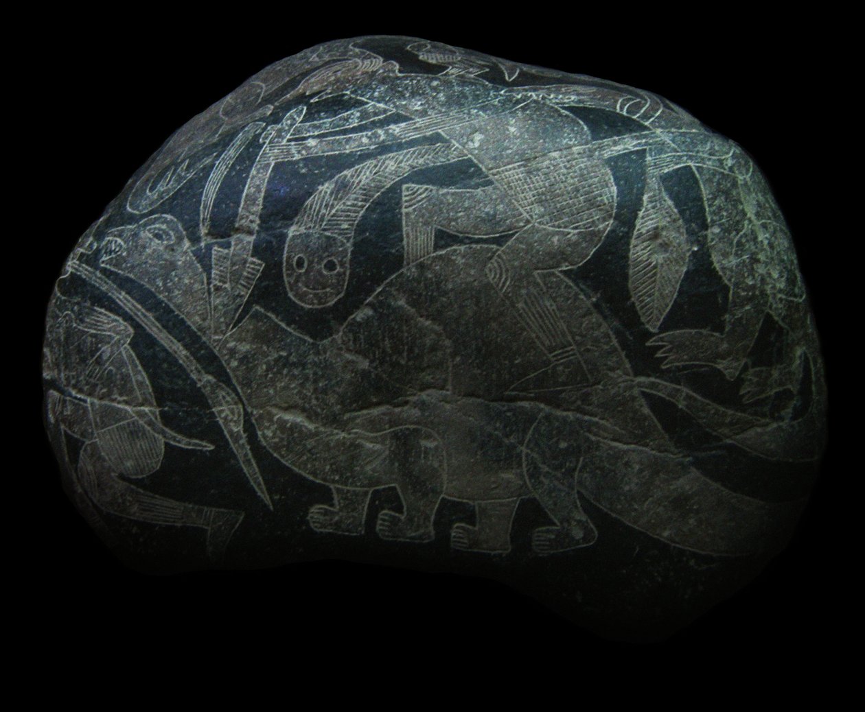 ica steinen. En mann som dreper en dinosaur. av The Ica stones.