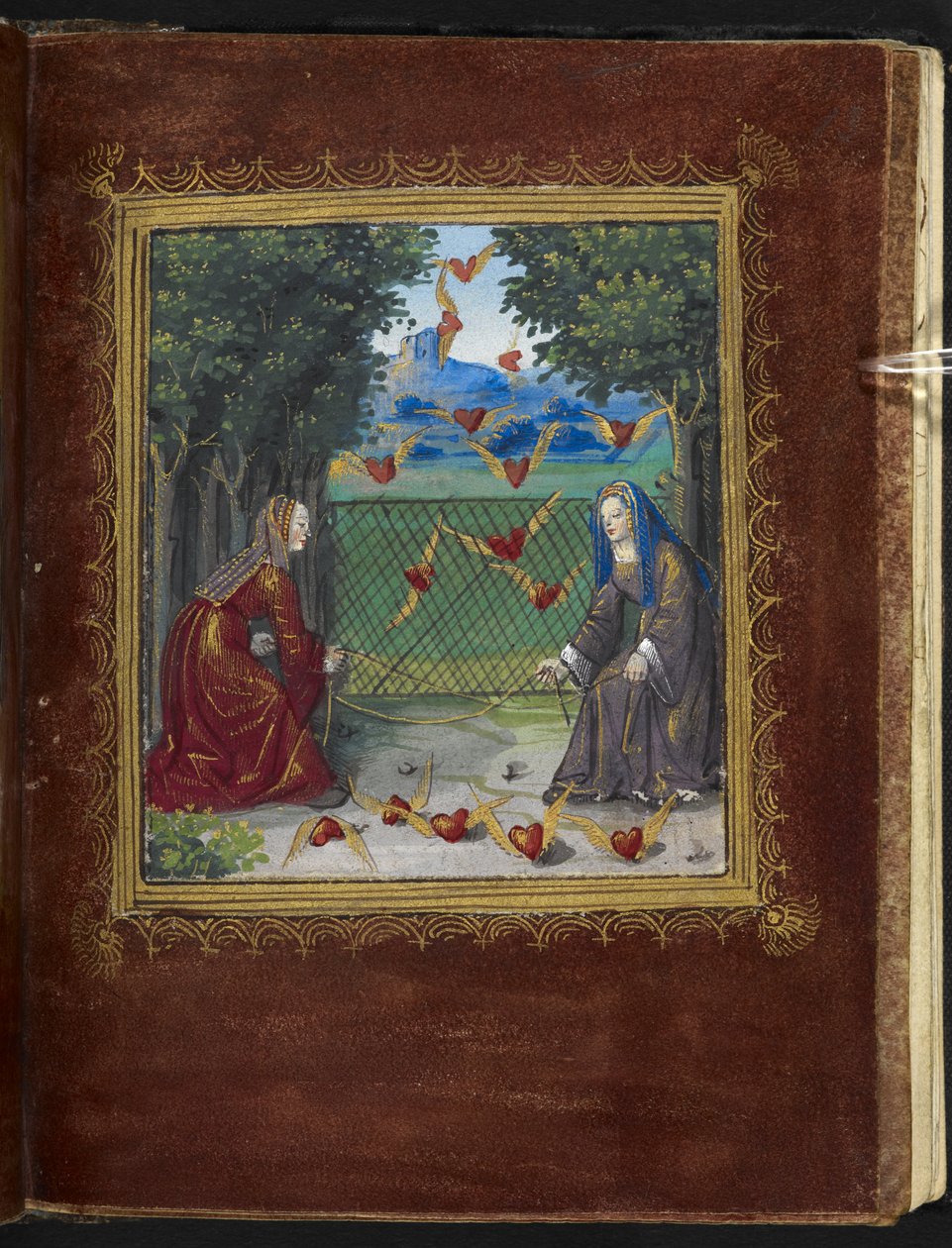 Stowe 955 f.13r Tjenestepiker og bevingede hjerter, miniatyr fra 