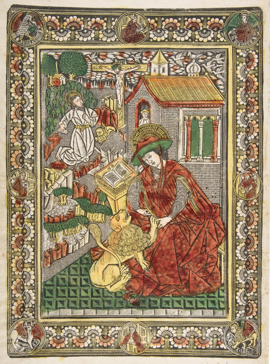 Den hellige Hieronymus i bot og som lærd fjerner en torn fra en løvepote Sch...., ca. 1470-85. av The Master of the Mountainlike Clouds