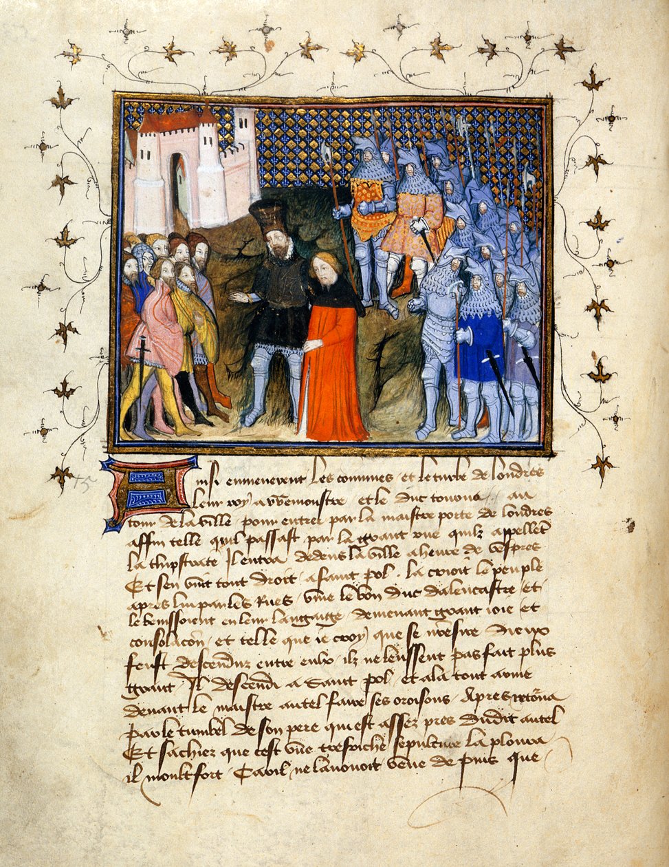 (Hele folioen) Kong Richard II, ledet til fange av Henry Bolingbroke til London, gir avkall på tronen; dekorert kant med tekst under. av The Virgil Master