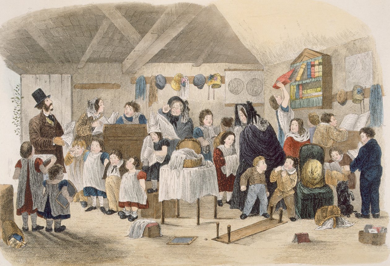 Visit to the Village School, illustrasjon fra Visitation of a London Exquisite to his Maiden Aunts in the Country, pub. Av W. Kent, London, 1859 av Theo