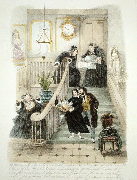 Illustrasjon fra Visitation of a London Exquisite to his Maiden Aunts in the Country, publisert 1859 (se også 193200, 203630-31) av Theo Theo