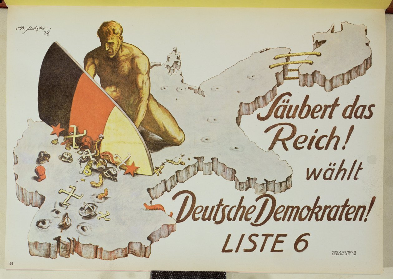 Plakat som oppfordrer velgerne til å rydde opp i riket ved å stemme på de tyske demokratene, 'Rydd i riket, velg tyske demokrater' av Theo Matejko