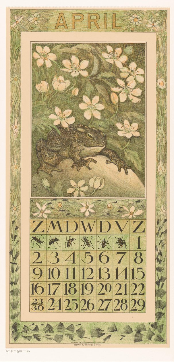 Aprilkalenderark med froskekalender 1911 12 litografier av Th. v. Hoytema (serietittel) Path under blossoms av Theo van Hoytema