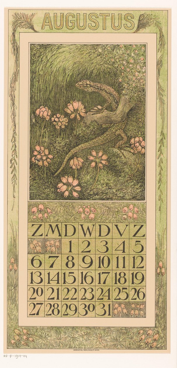 August kalenderside med øgle og lyng Kalender 1911 12 litografier av Th. v. Hoytema (serietittel) av Theo van Hoytema