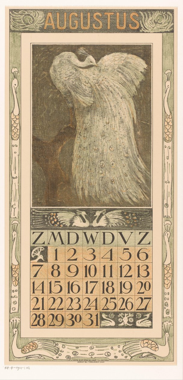 August kalenderside med hvit påfugl Kalender 1910 12 litografier av Th. v. Hoytema (serietittel) av Theo van Hoytema