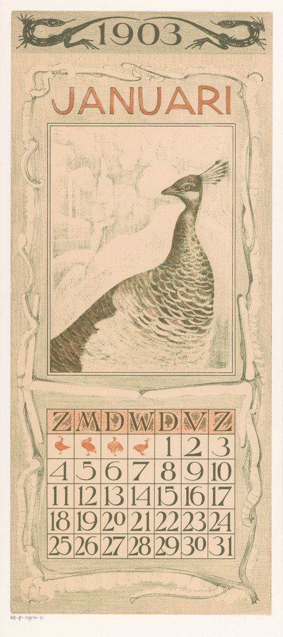 Januar kalenderark med påfugl Kalender 1903 12 litografier av Th. v. Hoytema (serietittel) av Theo van Hoytema