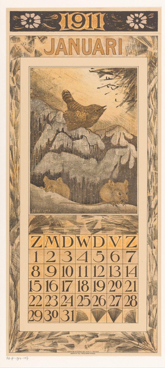 Januar-kalenderark med gjerdedyr og mus Kalender 1911 12 litografier av Th. v. Hoytema (serietittel) av Theo van Hoytema