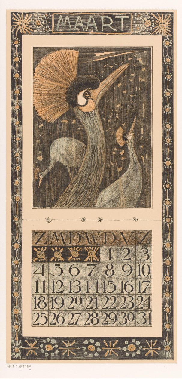 Mars kalenderark med kronekraner Kalender 1906 12 litografi av Th. v. Hoytema (serietittel) av Theo van Hoytema