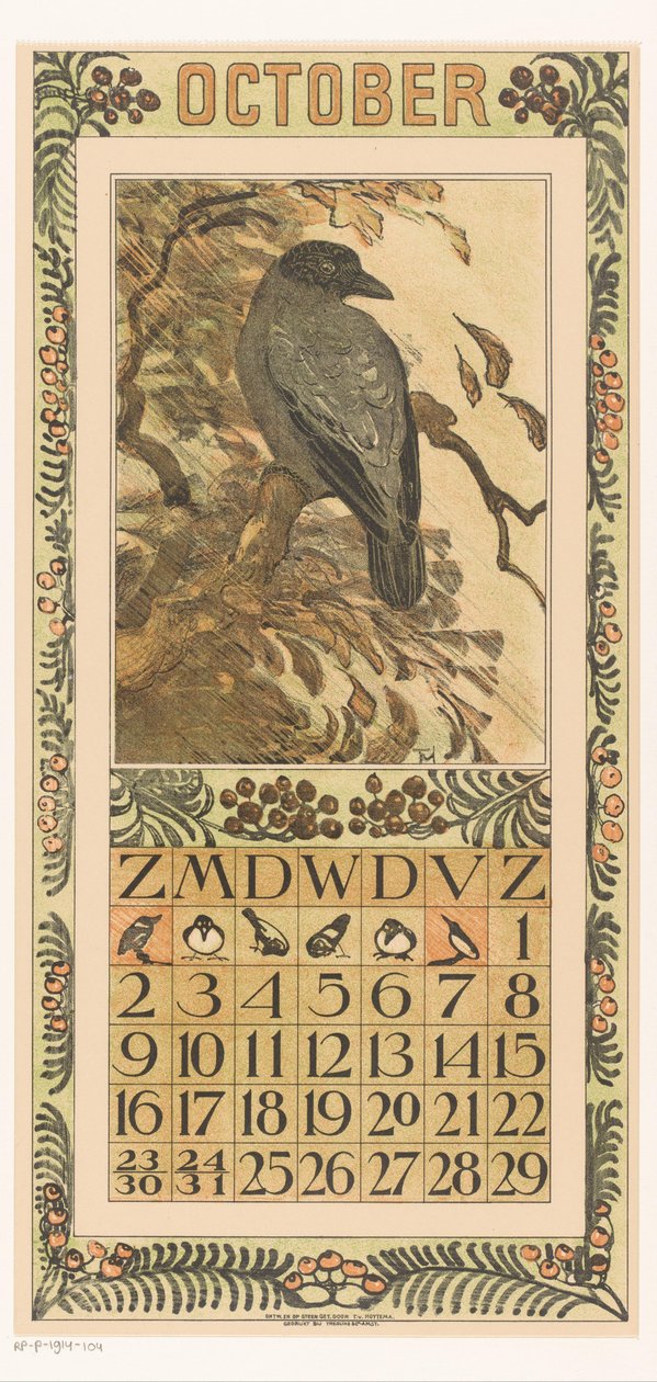 Kalenderside oktober med fargerik kråke Kalender 1910 12 litografier av Th. v. Hoytema (serietittel) av Theo van Hoytema