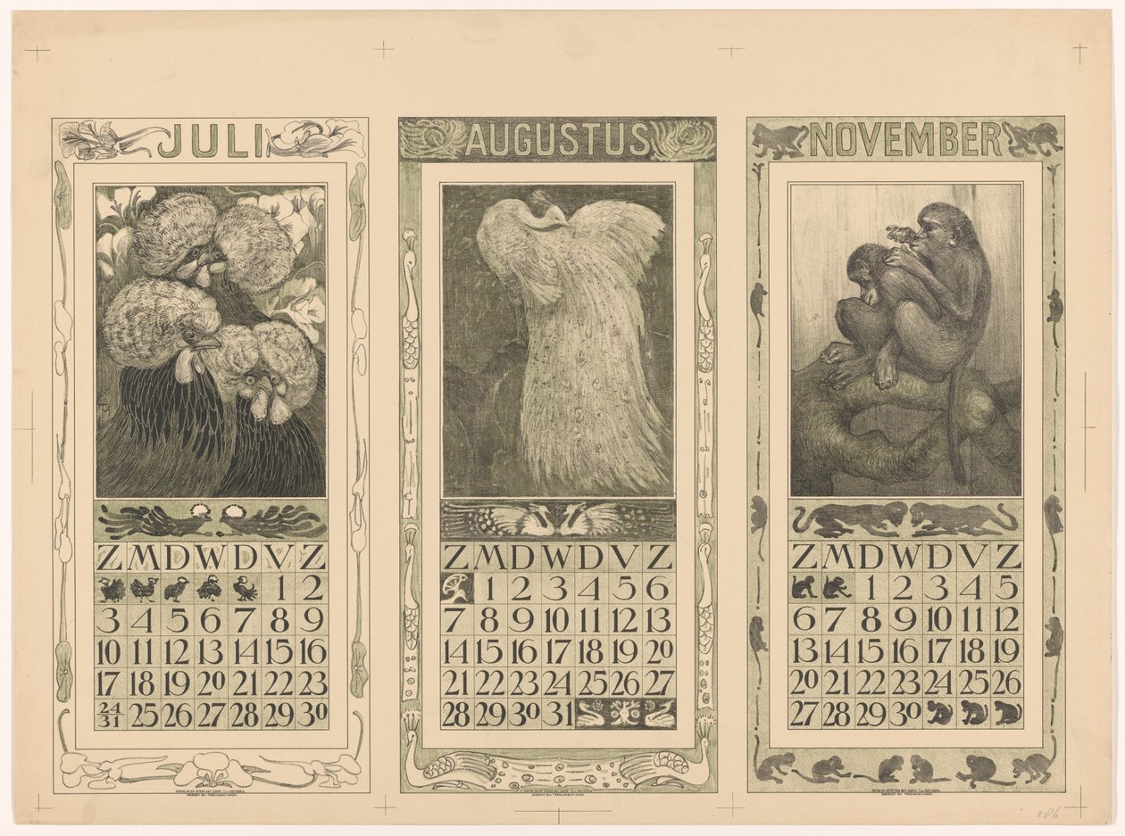 Kalendere for juli, august og november 1910 av Theo van Hoytema