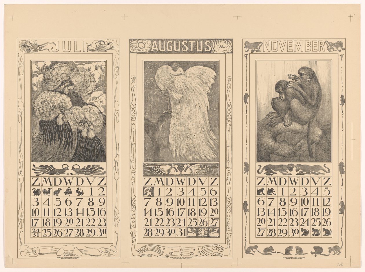 Kalendere for juli, august og november 1910 av Theo van Hoytema