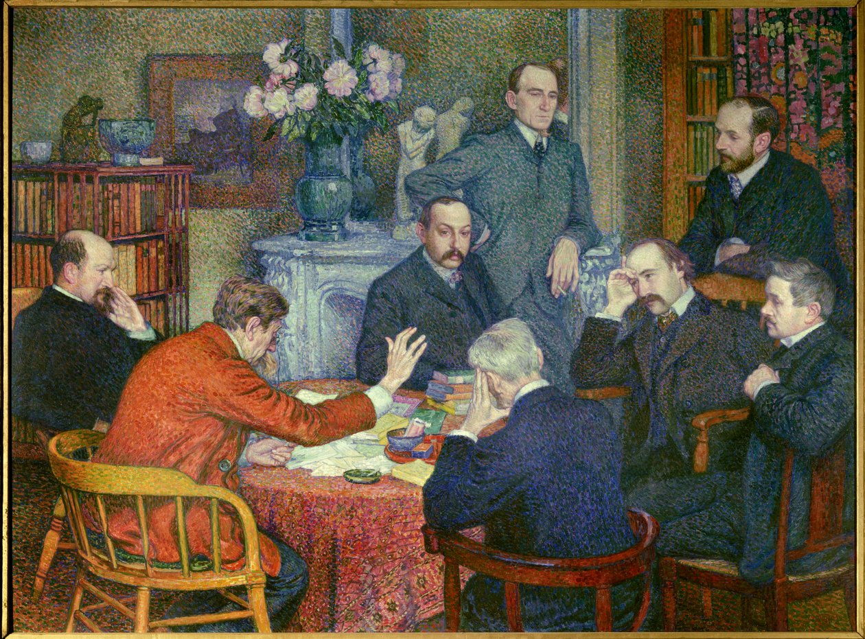 La Lecture (1903), iscenesatt rundt Emile Verhaeren (1855-1916), belgisk sosialistisk poet, maler Cross, forfattere Maurice Maeterlinck, Andre Gide og Francis Viele-Griffin, biolog Henri Gheon, lege Felix Le Dantec og Felix Feneon som røyker en sigarett ,  av Théo van Rysselberghe