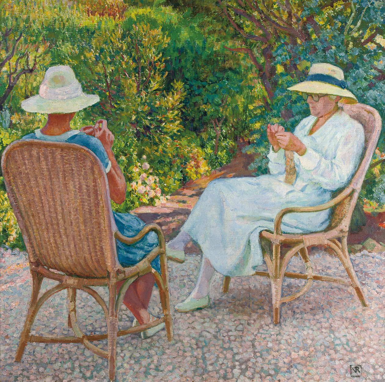 Maria og Elisabeth van Rysselberghe Knitting in the Garden, ca. 1912 av Théo van Rysselberghe