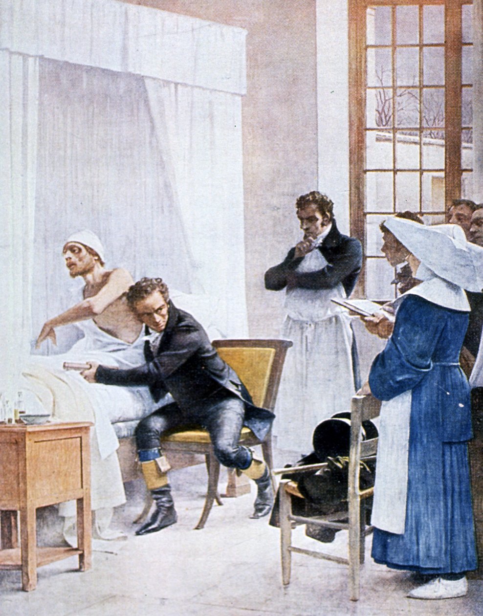 Rene Laënnec (1781-1826) lytter til brystet til en mann med forbruk, på Necker Hospital, 1816 av Theobald Chartran