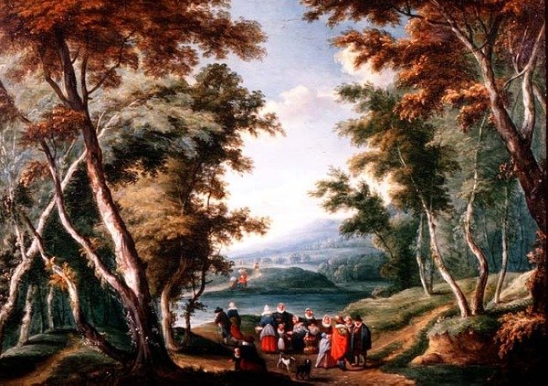 Skoglandskap med fruktselgere og andre figurer av Theobald (circle of) Michau