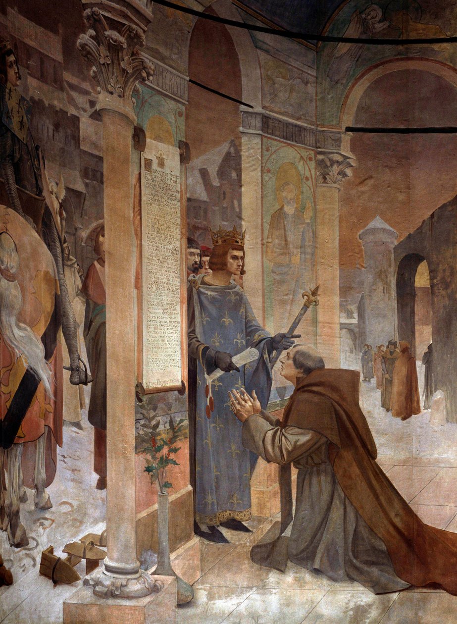 Kong Louis IX (Saint Louis) (1214-1270) presenterer Charter of Foundation of College of Sorbonne til Robert de Sorbon (1201-1274) hans skriftefar i 1257 Maleri av Theobald Chartran (1849-1907) Paris, La Sorbonne av Theobald Chartran