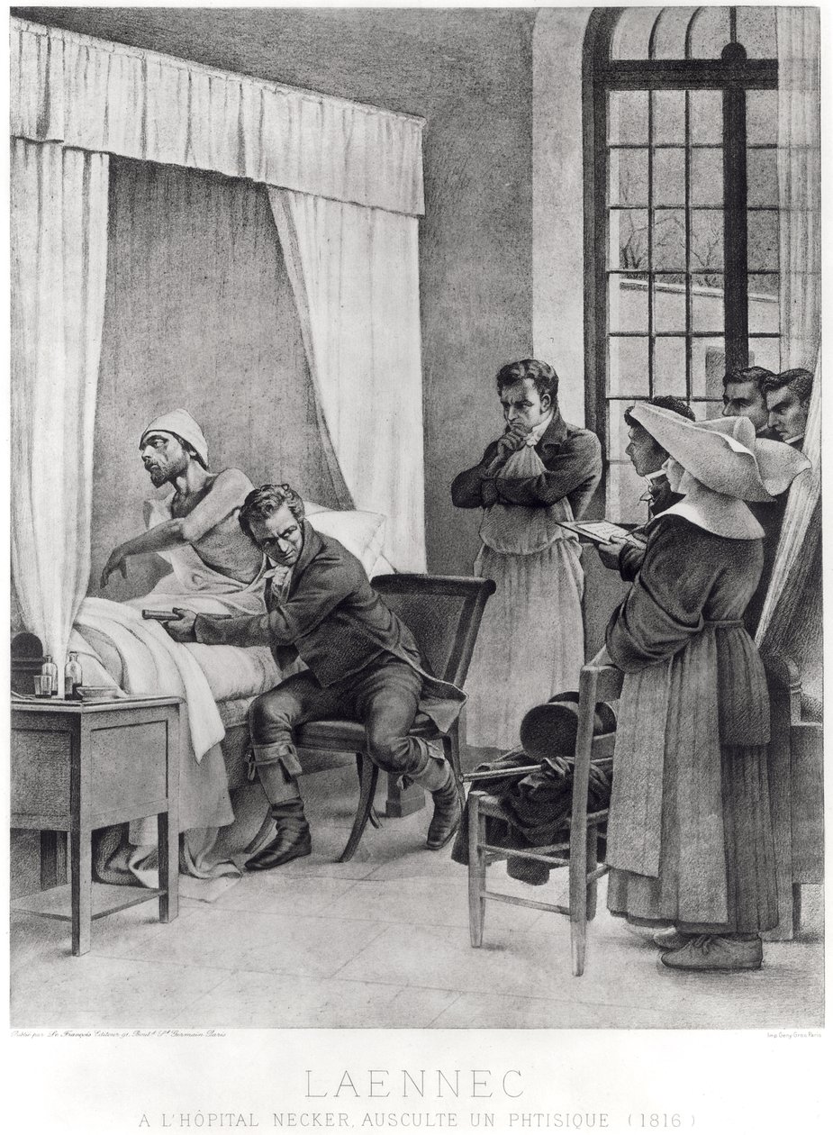 Rene Theophile Hyacinthe Laennec (1781-1826) lytter til brystet til en mann med forbruk, 1816 av Theobald Chartran