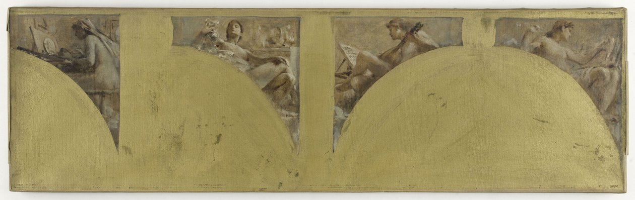 Skisse til Salon des Arts de l#39;Hôtel de Ville de Paris: Medaljegravering. Gullsmedarbeid. Sang. Musikk, ca. 1891 (olje på lerret) av Theobald Chartran