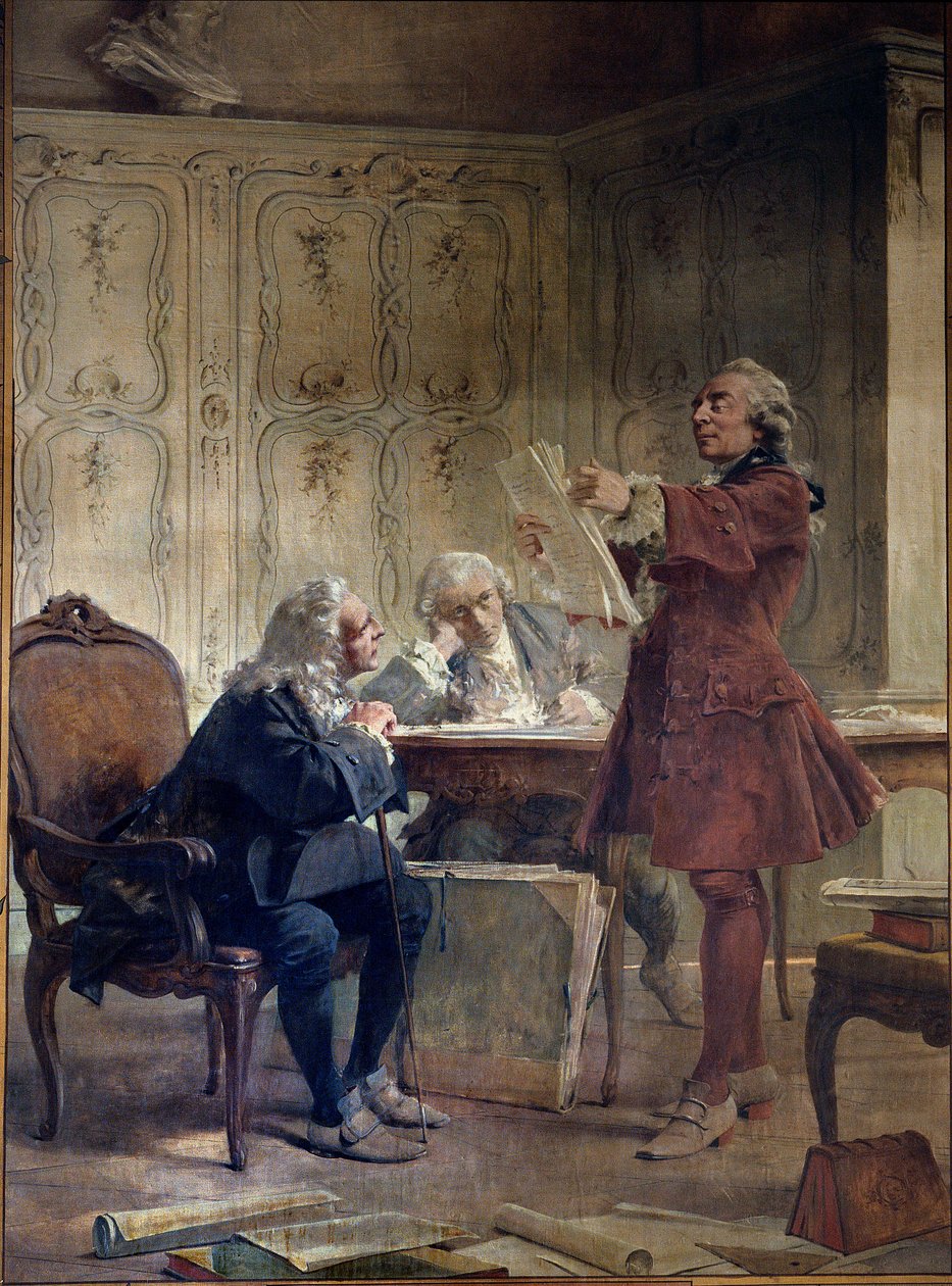 Naturforskeren og intendanten til Jardin du roi Georges-Louis Leclerc, greve av Buffon (1707-1788) leser de første arkene av sin naturhistoriske avtale foran botanikeren Bernard de Jussieu (1699-1777) og naturforskeren Edme-Louis Daubenton (1732-17 av Theobald Chartran
