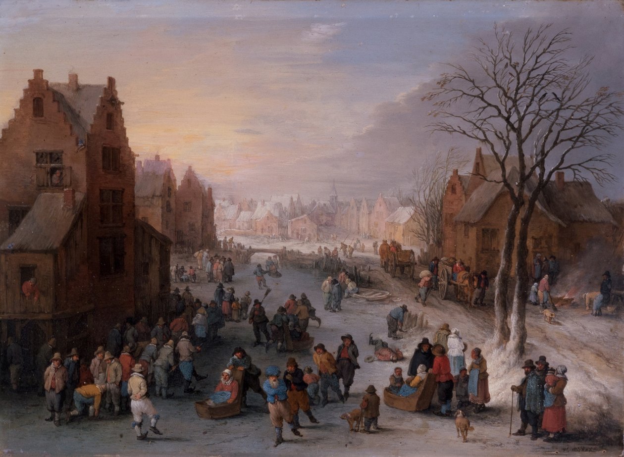 Et vinterbylandskap med mange figurer av Theobald Michau