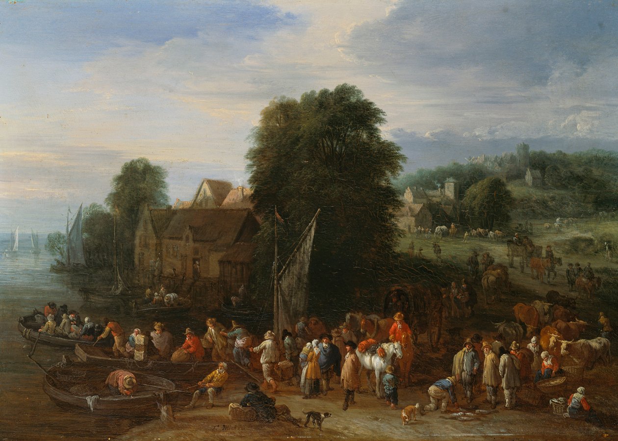 Reisende som går ombord på en ferge (olje på panel) av Theobald Michau