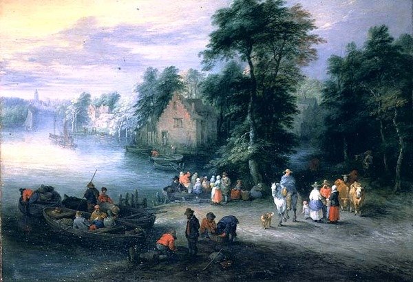 Skogkledd elvelandskap med figurer og storfe av Theobald Michau
