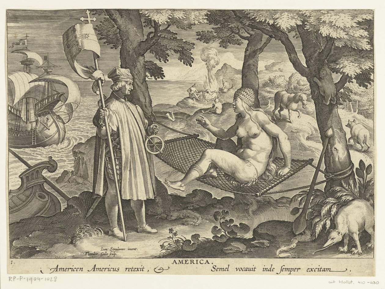 Amerigo Vespucci setter sin fot i Amerika Amerika. Americas Americas reexit. Semel vocauit inde semper excitam (tittel på objekt) Nye oppfinnelser og funn (serietittel) Nova Reperta (serietittel) av Theodoor Galle