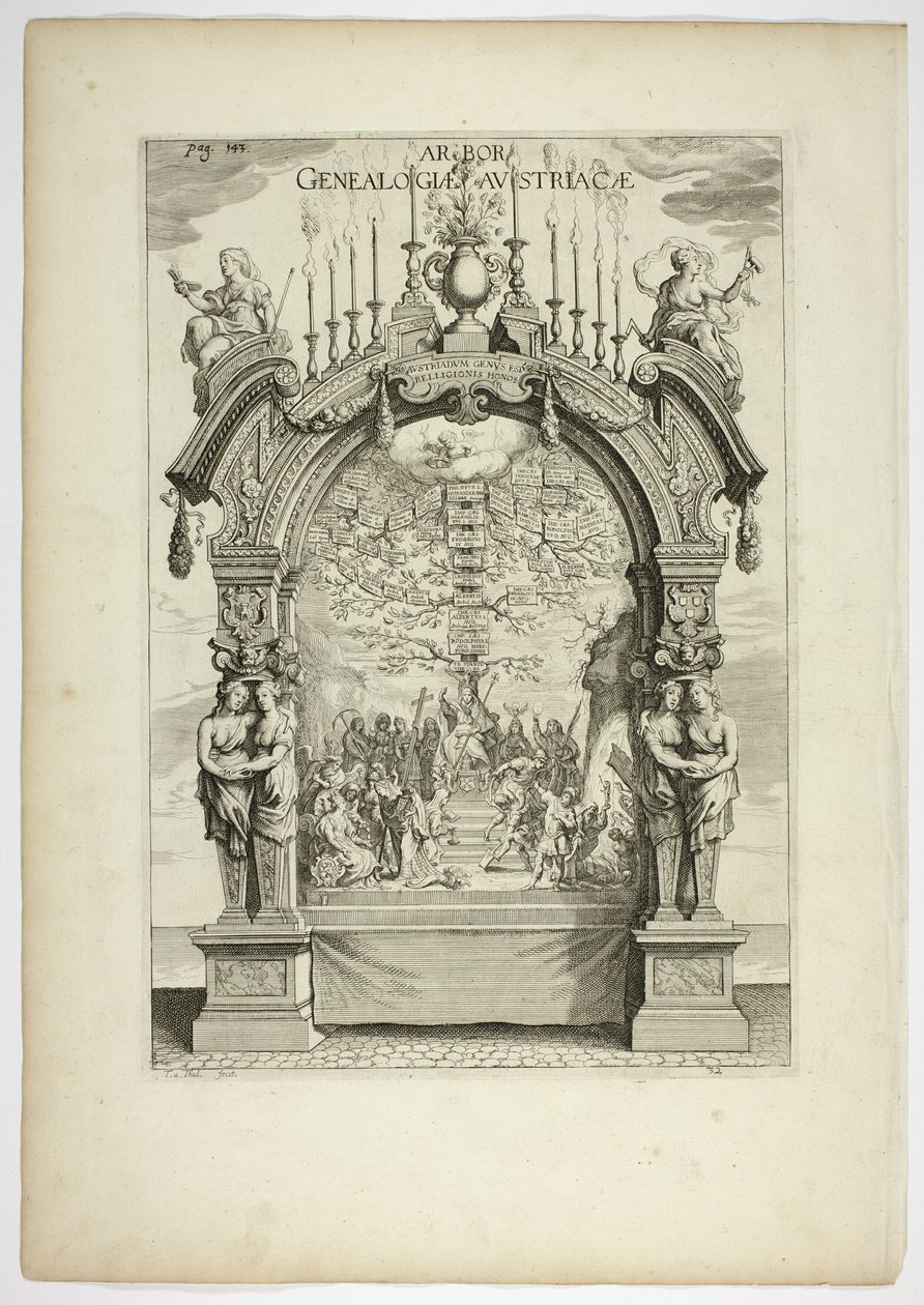 Genealogical Tree of the Austrian Royal Family, plate 32 fra Casperius Gevartius, Triumphal Entry of the Most Serene and Honorable Cardinal-Infante Ferdinand av Theodoor van Thulden