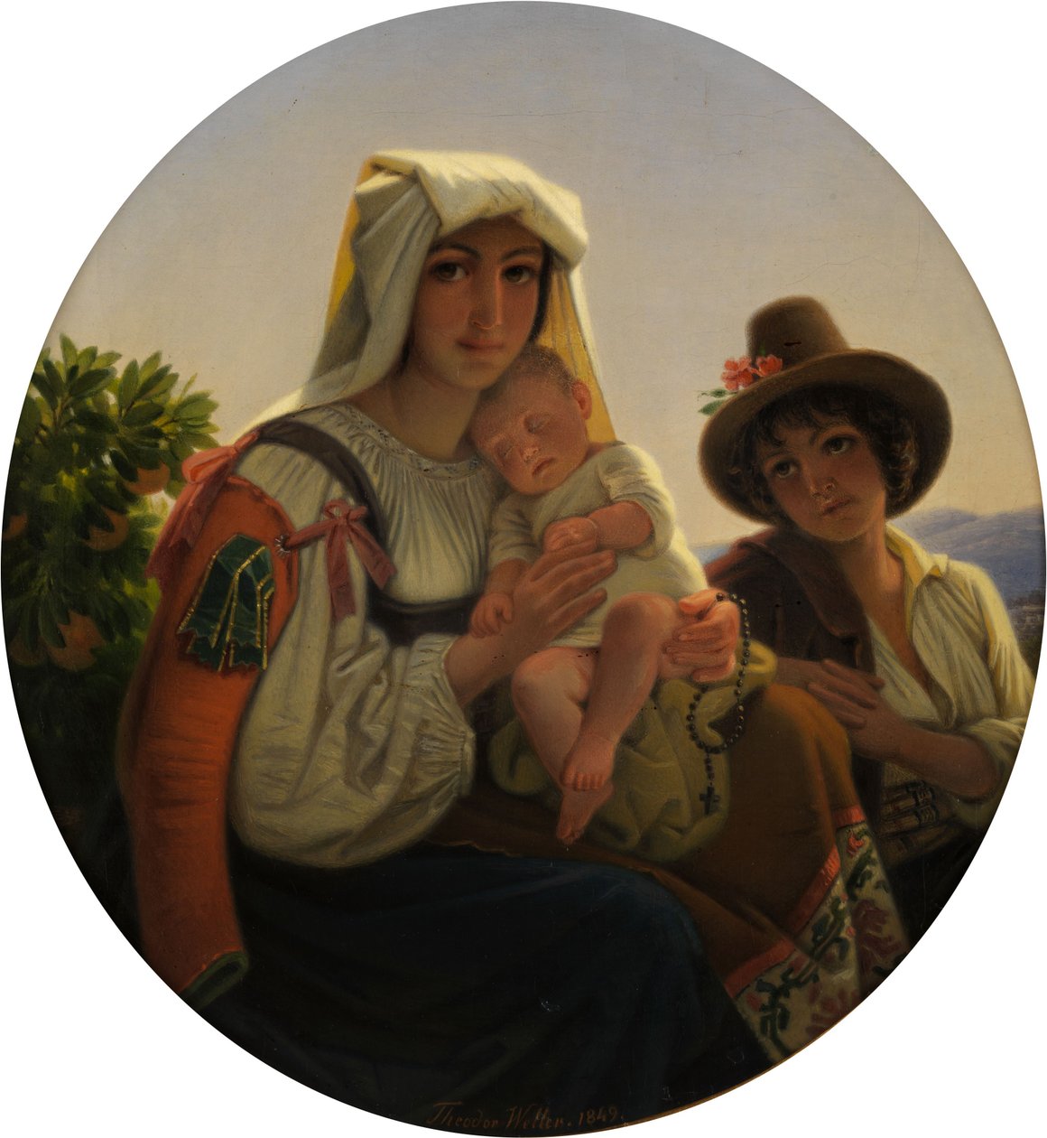 Italiensk mor med småbarn og gutt i et landskap av Theodor Leopold Weller