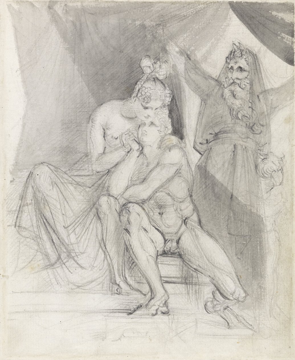 Prospero ser på Ferdinand og Miranda, ca. 1840 (grafitt og vask på papir) av Theodor M. von Holst