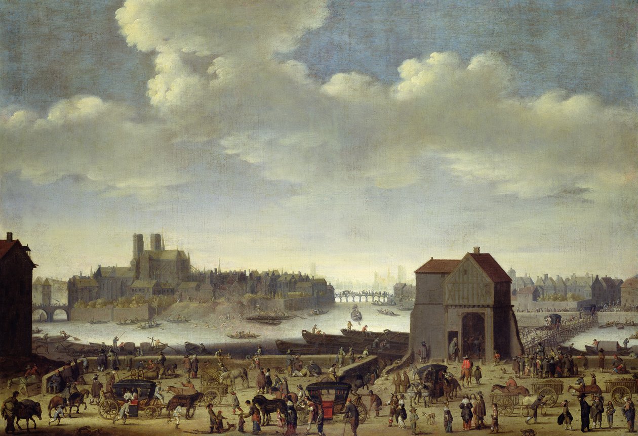 Utsikt over broen og Quai de la Tournelle, ca. 1645 av Theodor Matham