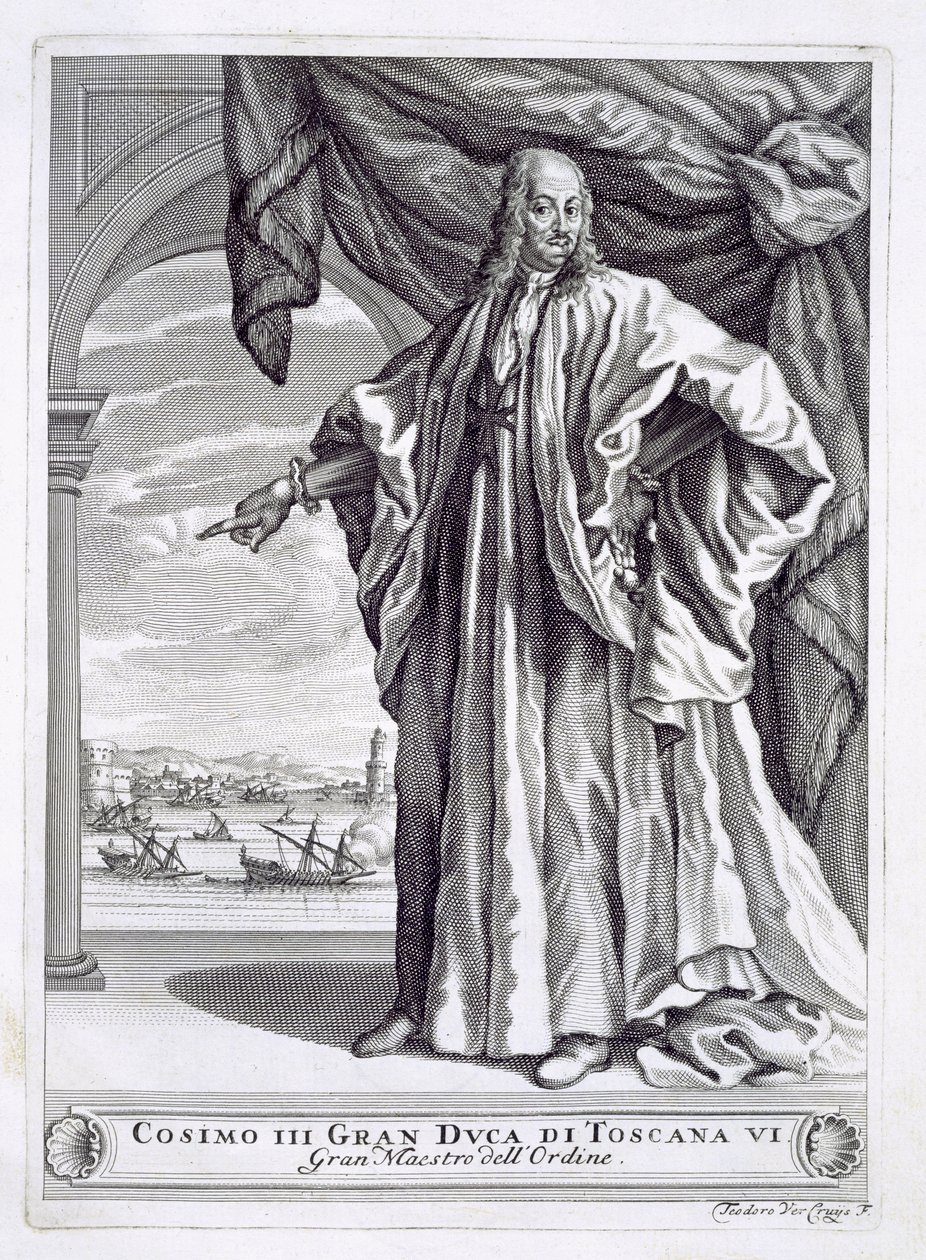 Portrett av Cosimo III de Medici (1642-1723), frontispice fra I Pregi della Toscana, av Fulvio Fontana, utgitt 1701 av Theodor Verkruis