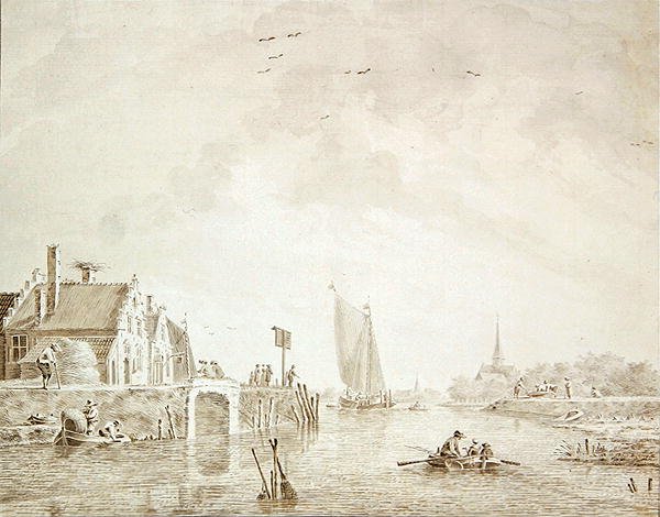 Sending i en elvemunning av en landsby med en by i det fjerne (penn og blekk med vask på papir) av Theodor Verrijk