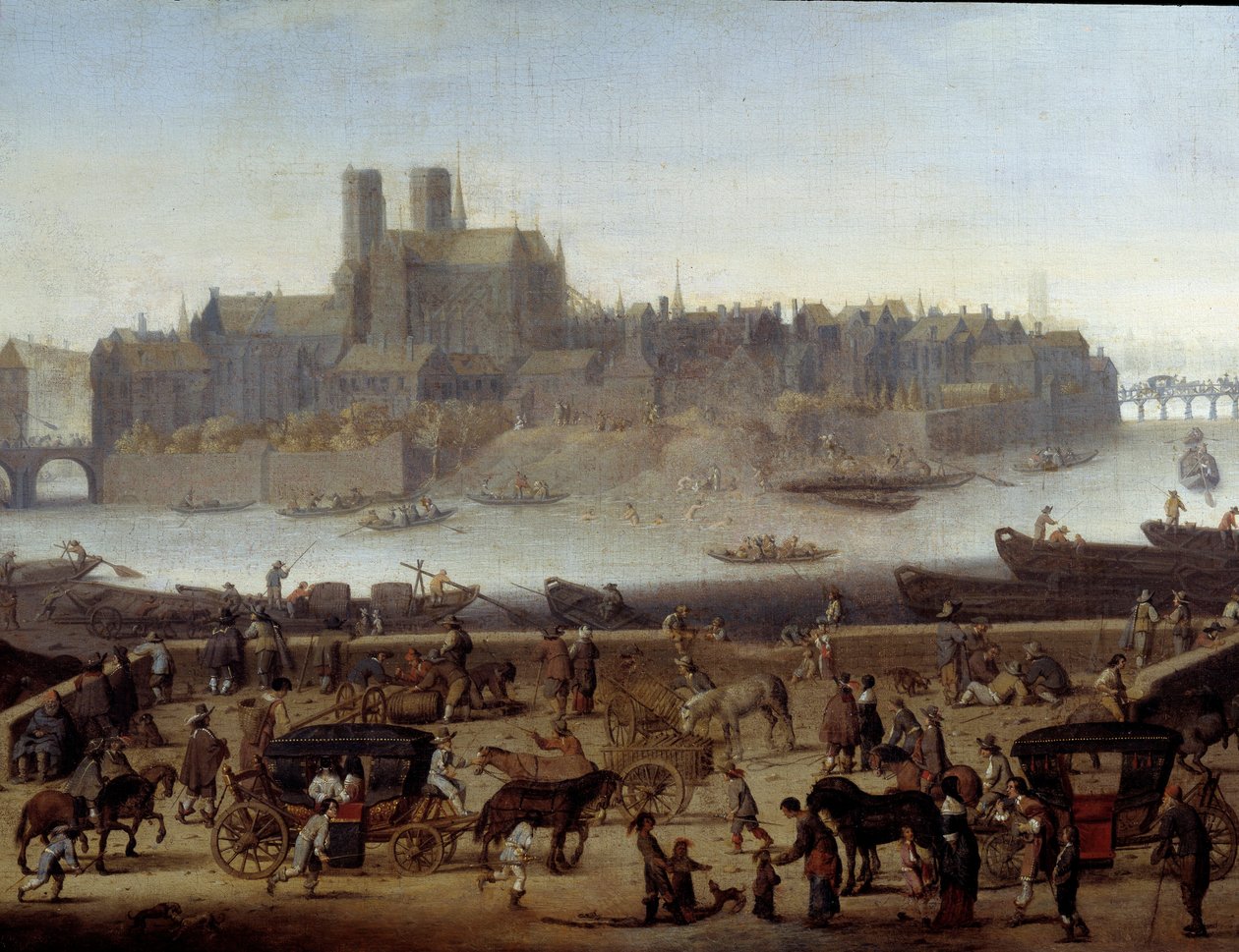 Kaien og Tournelle-broen i Paris Detalj. Utsikt over bryggene og øya La Cite. Maleri tilskrevet Theodor Matham (1606-1676) 1646 Paris, Carnavalet museum av Theodor (attr. to) Matham