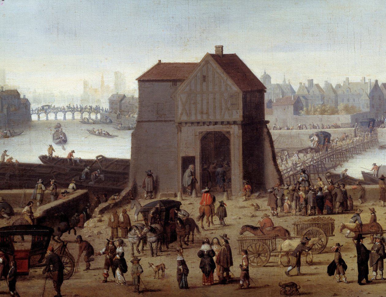 Bryggen og broen til Tournelle Detail. Carosses og forbipasserende på bryggene. Maleri tilskrevet Theodor Matham (1606-1676) 1646 Paris, musee Carnavalet av Theodor (attr. to) Matham