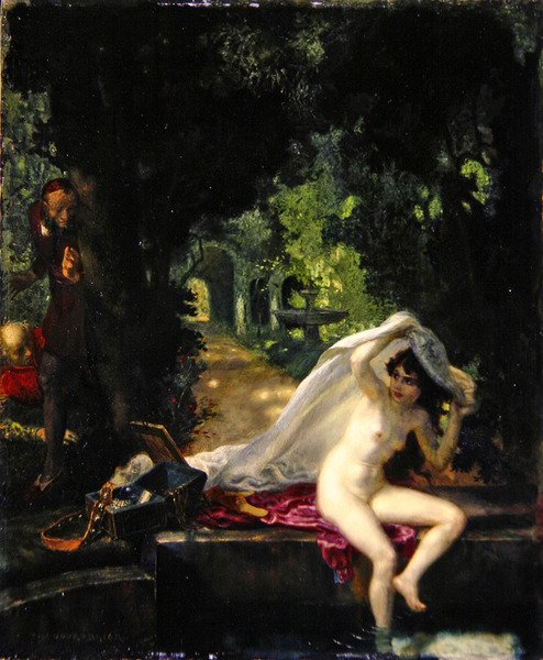 Susanna and the Elders (olje på panel) av Theodor Baierl