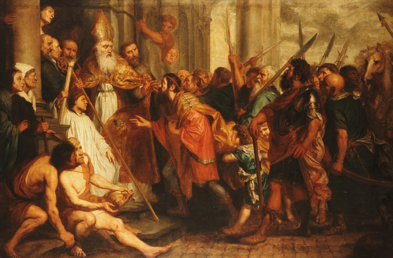 Saint Ambrose, biskop av Milano, nekter keiser Theodosius adgang til katedralen i Milano av Theodor Boeyermans