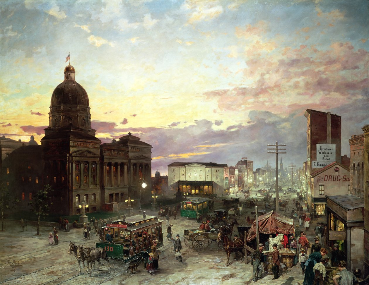 Washington Street, Indianapolis i skumringen (olje på lerret) av Theodor Groll