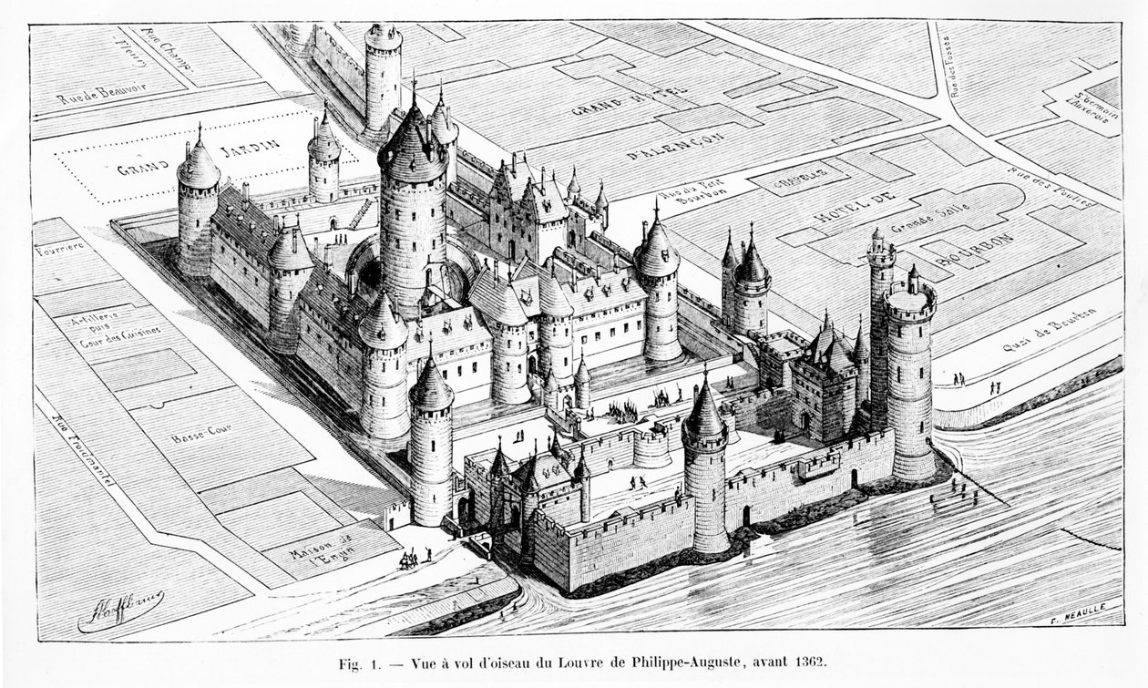 Fugleperspektiv av Louvre under Charles Vs regjeringstid (1464-80), 1882 av Theodor Josef Hubert Hoffbauer