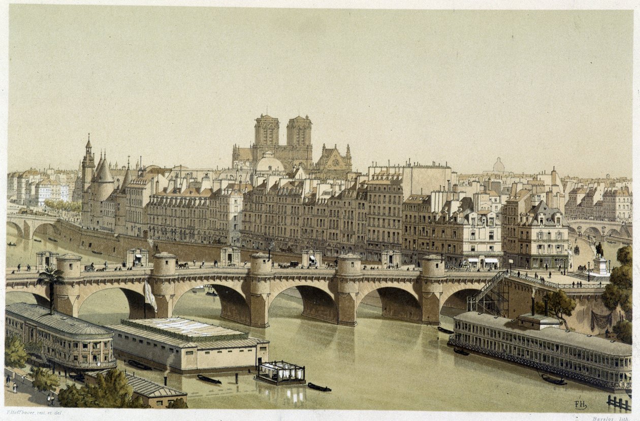 Ile de la Cite og Pont Neuf i Paris av Theodor Josef Hubert Hoffbauer