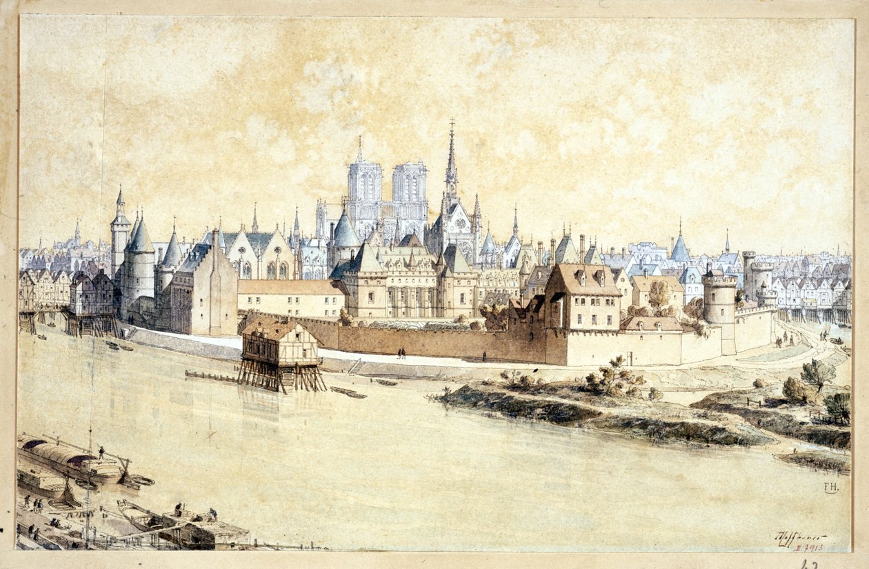 The Palace and the City i 1530 (Retrospektiv komposisjon) (penn og blekk og akvarell på papir) av Theodor Josef Hubert Hoffbauer