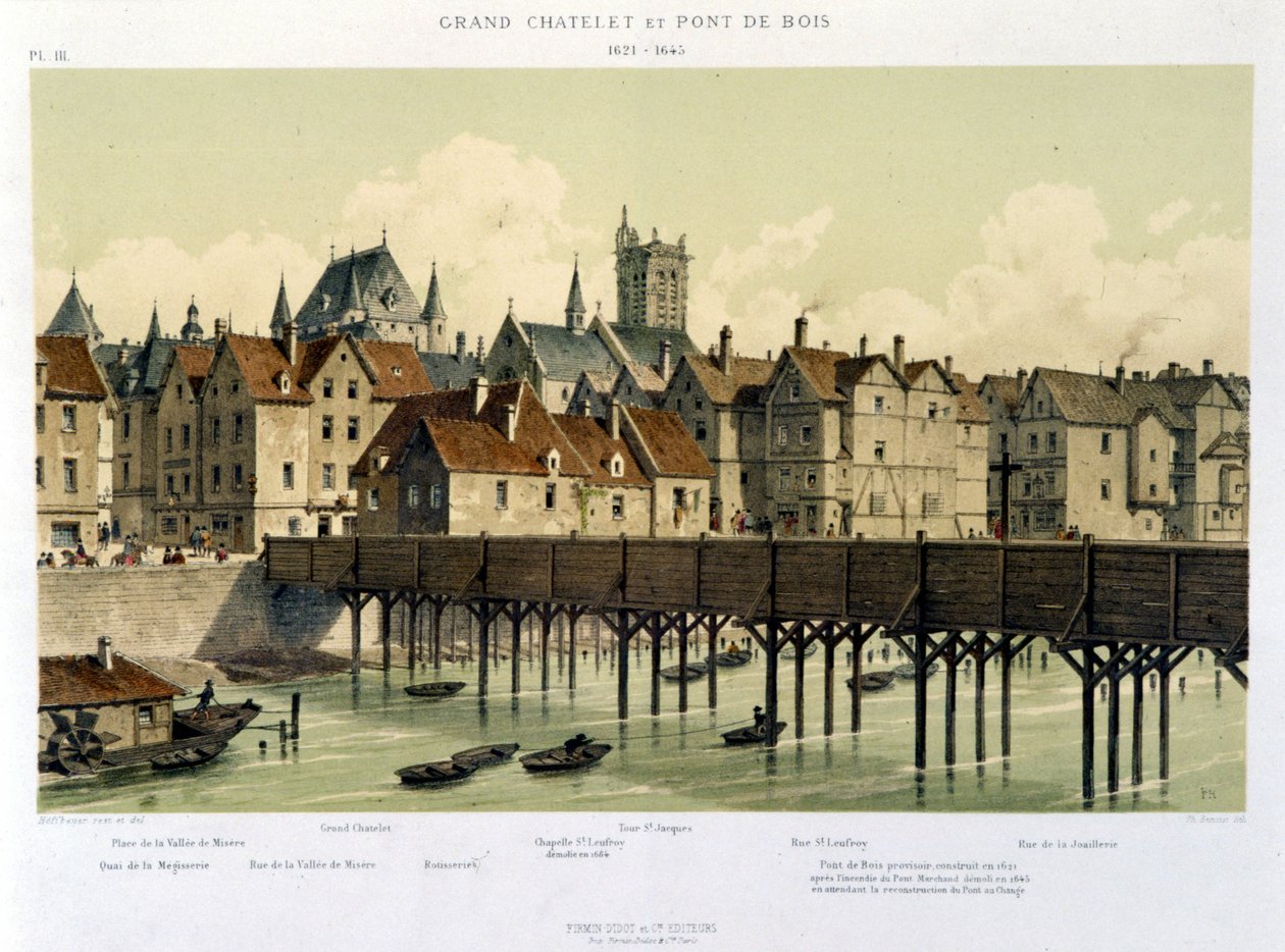 Det store Châtelet og trebroen (1621-1643) - i "Paris fra 1200-tallet til i dag" av Hoffbauer, red. Firmin Didot & Cie av Theodor Josef Hubert Hoffbauer