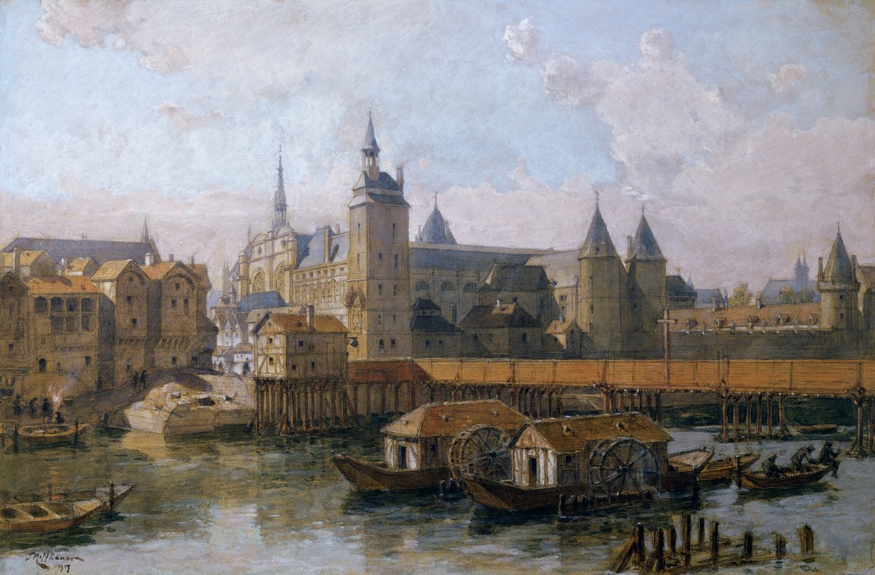 Ile de la Cite og Palais de Justice (tidligere Palais Royal) på 1500-tallet, 1917 av Theodor Josef Hubert Hoffbauer