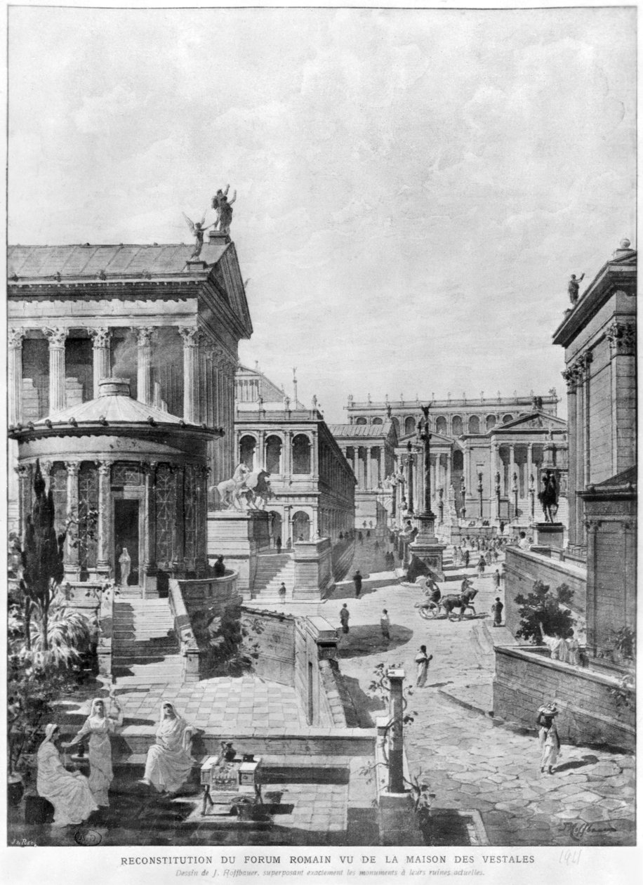 Det romerske forum for antikken, 1914 (bw gravering) av Theodor Josef Hubert Hoffbauer